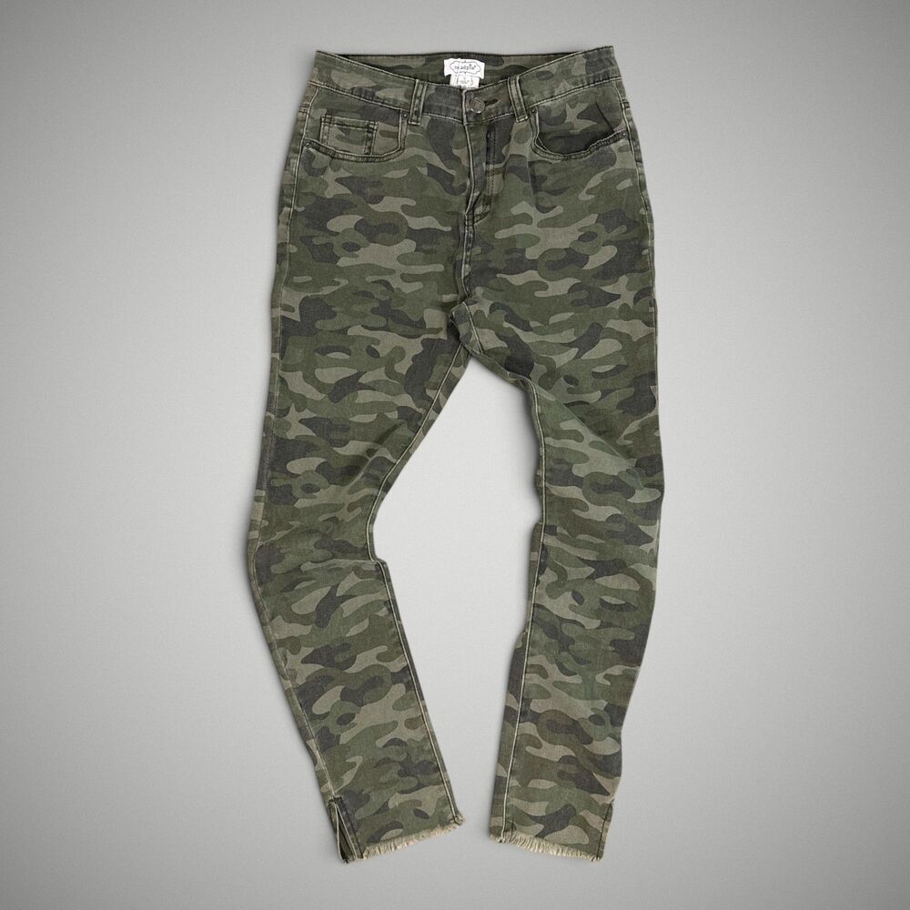 NWT Mud Pie Skinny Jeans Rory Denim Green Camouflage Raw Frayed Hem Size Small